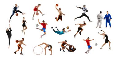 Collage of sportive people, adults and children doing different sports, posing isolated over white background. Concept of action, motion, sport life, motivation, competition. Copy space for ad.