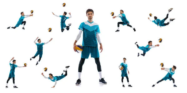Collage of movements. Young man, volleyball player in motion, training, playing isolated over white background. Sport, development of movements. Concept of active lifestyle, health, ad