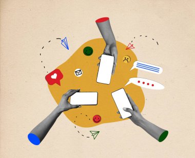 Çağdaş sanat kolajı. Akıllı telefonları arka planda tutan insan eli. İş kavramı, kariyer, sosyal ağ, işbirliği, başarı. İlan ve metin için dikey broşür