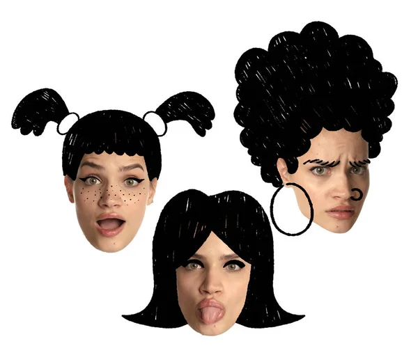 Find your style. Set of young women faces, human heads with funny drawn haircuts, hairdo. Curly and straight, quads, bob or pank and retro. Beauty, fashion concept. New app
