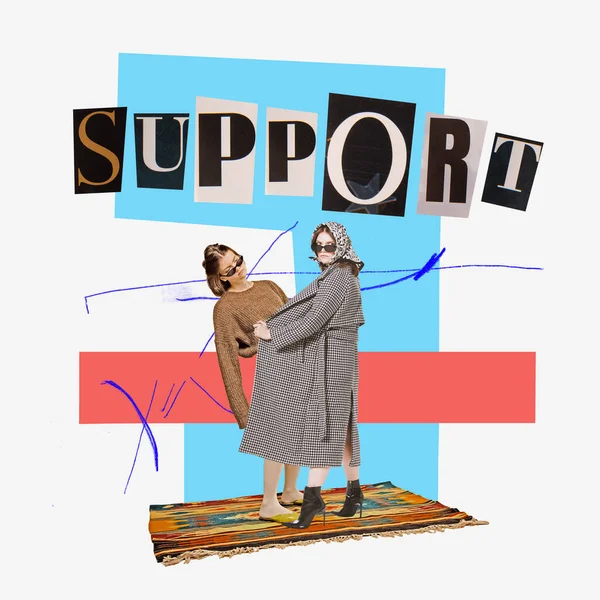 Contemporary art collage. Weird people concept. Ideas, inspiration, creativity. Female friendship, emotions and support. Poster in magazine style