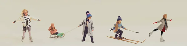 Winter games. Banner with images of happy children in retro style clothes playing together, having fun isolated over grey background. Concept of childhood, friendship, fun, lifestyle, fashion