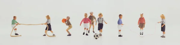 Horizontal banner with images of happy children in retro style clothes playing together, having fun isolated over grey background. Football, basketball, ropes. Concept of childhood, leisure activities