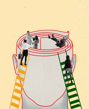 Generating new ideas, brainstorm. Contemporary art collage. Concept of business, personal and professional growth, startup, teamwork, achievement and coworking. Poster