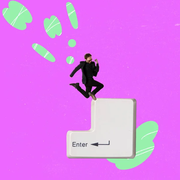 Contemporary Art Collage Man Jumping Huge Keyboard Button Enter Retro — Fotografia de Stock