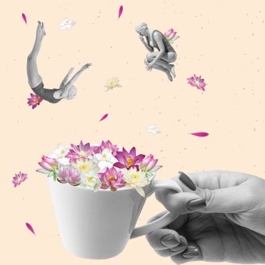 Happy women in swimming suit jumping into huge cup with flowers. Dreams and summer vibes. Contemporary art collage. Inspiration, creativity, ideas and holidays, ad concept.