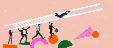 Support of colleagues. Contemporary art collage. Motivated and concentrated employees in motion, action. Concept of teamwork, support, professional growth and motivation. Business, finance, team