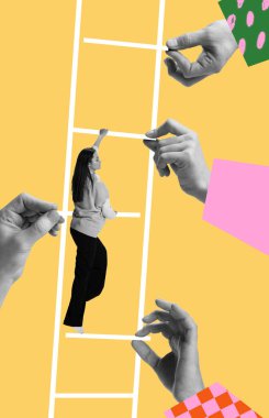 Career ladder. Contemporary art collage. Motivated and concentrated employees in motion, action. Concept of teamwork, support, professional growth and motivation. Business, finance, team and work