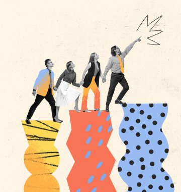 Leader and his team. Contemporary art collage. Motivated and concentrated employees in motion, action. Concept of teamwork, support, professional growth and motivation.