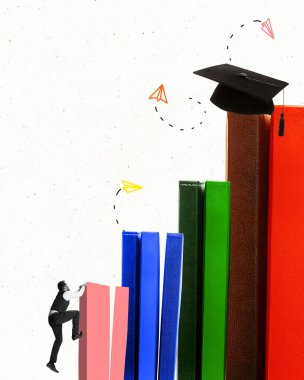 Motivated man climbing on books. Contemporary art collage, modern design. Concept of education, self-development, personal growth, goal achievement. New ideas, inspiration, ad. Bright neon colors