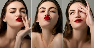 Collage. Closeup portraits of beautiful brunette model girl with long hair and bright red lipstick on lips. Concept of beauty, fashion, style, emotions. Model with well-kept skin and bare shoulders