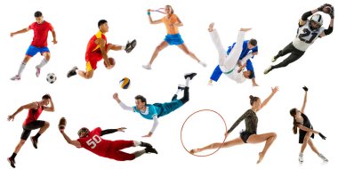 Sports. Collage, set of different professional sportsmen. Basketball, football, voleyball players in action over white background. Concept of sport, achievements, competition, championship. poster