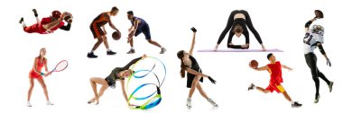 American football, basketball, tennis players, figure skater and gymnastics. Collage, set of different professional sportsmen. Concept of sport, achievements, competition, championship