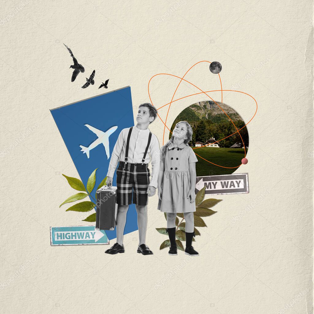 Contemporary art collage. Little stylish boy and girl, kids carrying vintage suitcase. Retro style design. Concept of travel, travelling, vacation, discovering and creativity, childhood.