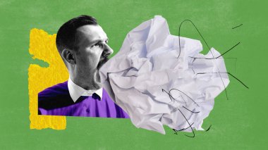 Contemporary art collage. Stylish man with paper making announcement. Concept of propaganda, journalism, mass media, influence, creativity, information, good or bad news. Copy space, ad. Retro design