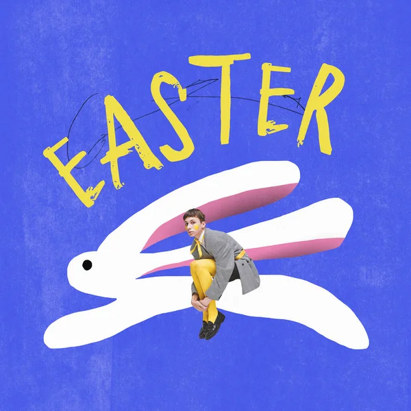若い男とウサギを描いた 幸せなイースターの日のための創造的なグリーティングカードデザイン お祝いの概念 現代美術のコラージュ 不注意な図面技術 テキストのコピースペース — ストック写真