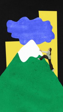 Young girl climbing on drawn mountain. Contemporary art collage. Concept of teamwork, success, business, analytics, career, job, professional growth. Bright poster