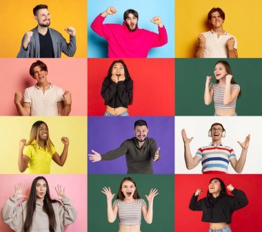 Collage of ethnically diverse people, excited men and women expressing delighted emotions over multicolored background. Concept of happiness, success, motivation