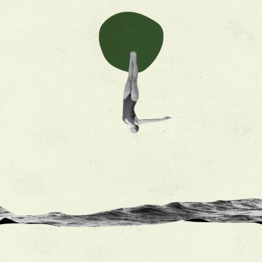 Çağdaş sanat kolajı, hafif arka planda suya dalan, mayo giymiş genç ve zayıf bir kadın. Yaz zamanı. Minimalizm. Yaz kavramı, retro spor, yaratıcılık, görüntüleme, nostalji