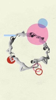 Geometrik elementlerle arka planda dans eden bir grup genç balerin. Klasik dans tarzı, sanat, düşünce, güzellik, ilham. İlan için alanı kopyala