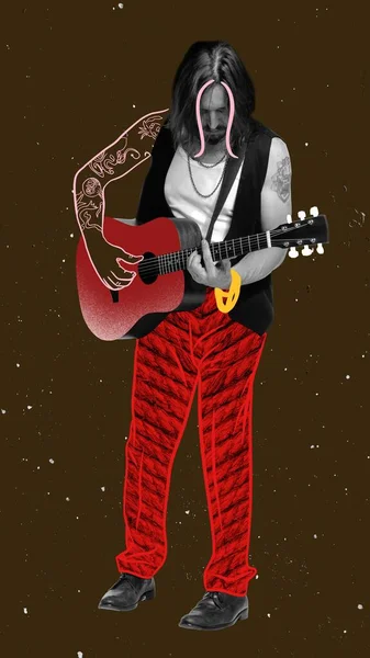 Creative portrait of stylish man, musician playing guitar, performing. Mix photography and illustration. Concept of retro style, music lifestyle, contemporary design. Charm, style and music