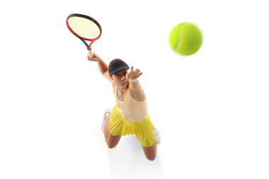 Strength and power. Aerial view of female professional tennis player doing powerful serving in tennis isolated over white background. Concept of sport, health, action, motion, lifestyle.