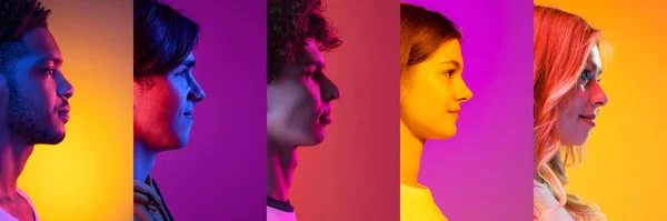 Youth. Collage of profile view faces of young men and women looking ahead over multicolored background in neon light. Concept of emotions, facial expression, fashion, beauty. Horizontal banner, flyer