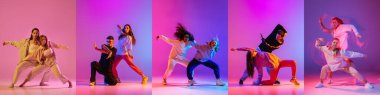 Collage of energetic young hip-hop dancers in motion over multicolored background in neon light. Street style. Concept of music, dance, motion, action, rhytm, youth. Banner, flyer
