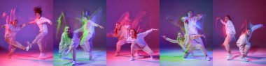 Music in moves. Young expressive contemp dance dancers dancing in mixed neon light. Concept of dance, youth, hobby, dynamics, movement, action, ad. Banner with copy space for ad. Collage