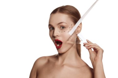 Beautiful female face with lifting up arrows isolated on white background. Concept of woman, bodycare, cosmetics, skincare, correction surgery, beauty and perfect skin. Lifting and antiaging concepts.