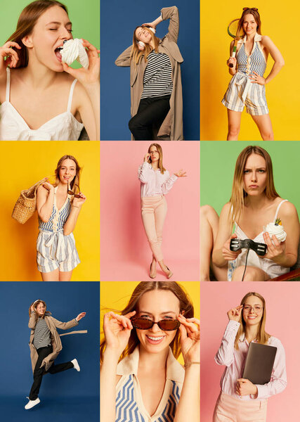 Photoset made of images of happy young beautiful woman in different fashion style clothes over multicolored backgrounds. Concept of active lifestyle and happiness, ad