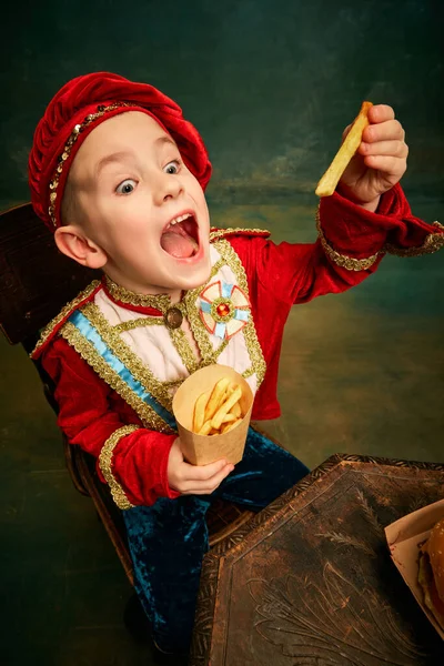 Happy Cheerful Little Boy Wearing Costume Medieval Page Boy Prince — Stock Photo, Image