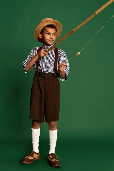 Fisherman Cute Handsome Little Boy Child Checkered Shirt Suspender Shorts — Stock Fotó