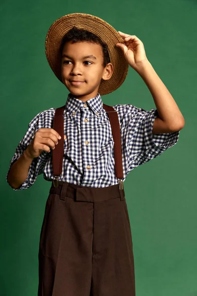 Kid Straw Hat Cute Handsome Little Boy Child Checkered Shirt — Stock Fotó