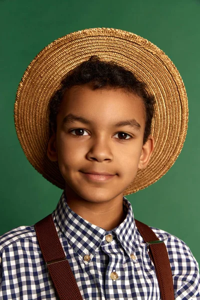 Kid Straw Hat Cute Handsome Little Boy Child Checkered Shirt — Stock Fotó