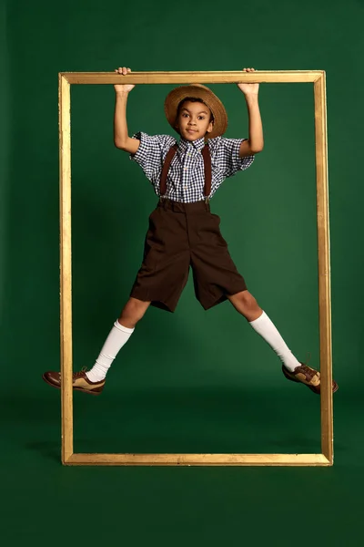 African Little Boy Child Checkered Shirt Suspender Shorts Standing Huge — Photo