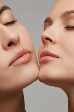 Lips. Vertical cropped portrait of young beautiful female couple. Models with well-kept skin and nude makeup. Concept of emotions, beauty, vision, health and fashion.