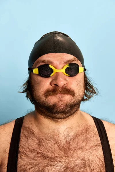 Closeup Portrait Funny Bearded Man Swimsuit Swimming Cap Goggles Looking — 스톡 사진