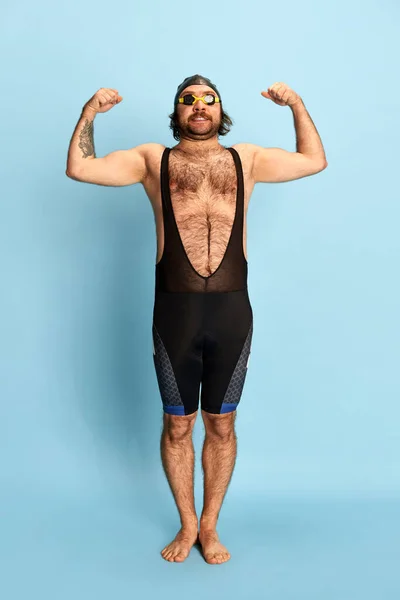 Comic Portrait Funny Bearded Man Swimsuit Swimming Cap Goggles Having — Fotografia de Stock