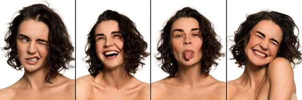Collage Happy Beautiful Young Woman Bare Shoulders Smiling Grimacing White — Stockfoto