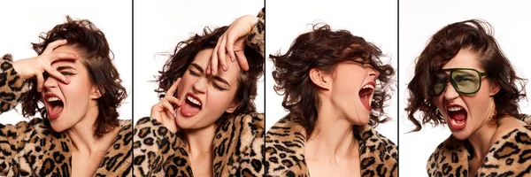 stock image Shout of passion. Collage of portrait of young beautiful expressive girl posing in stylish animal print furcoat over white background. Concept of beauty, emotions, fashion