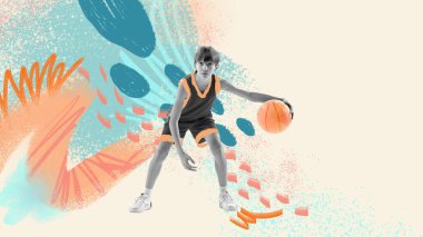 Young junior basketball player in action, motion over light background with colorful abstract drawings. Inspiration, creativity and sports concept. Contemporary art collage