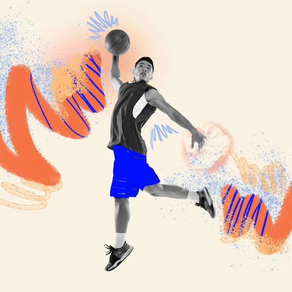 Immagine Giovane Giocatore Basket Professionista Azione Movimento Sfondo Chiaro Con — Foto Stock