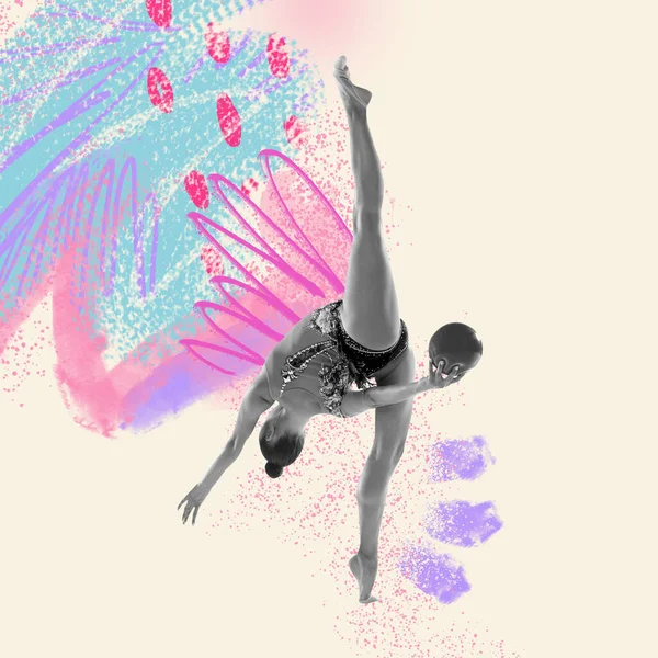 Stretching Contemporary Art Collage Female Professional Rhytmic Gymnast Motion Action — Stock Photo, Image