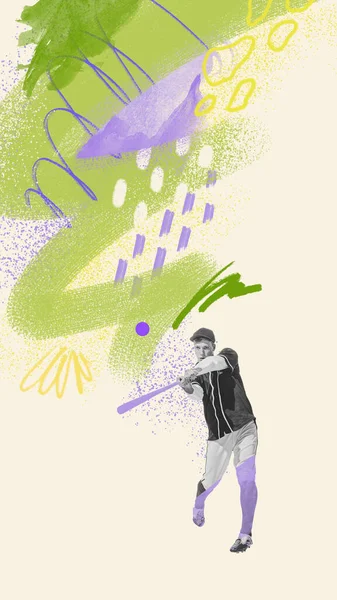 Коллаж Современного Искусства Творческий Красочный Дизайн Молодым Человеком Играющим Бейсбол — стоковое фото