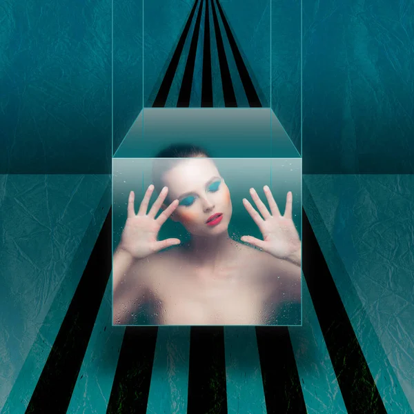 Self-immersion, dive. Contemporary artwork of young woman closed in cube of water. Concept of mysticism, mystery, underworld, dreams or imagination. Surrealism. Design for wallpaper