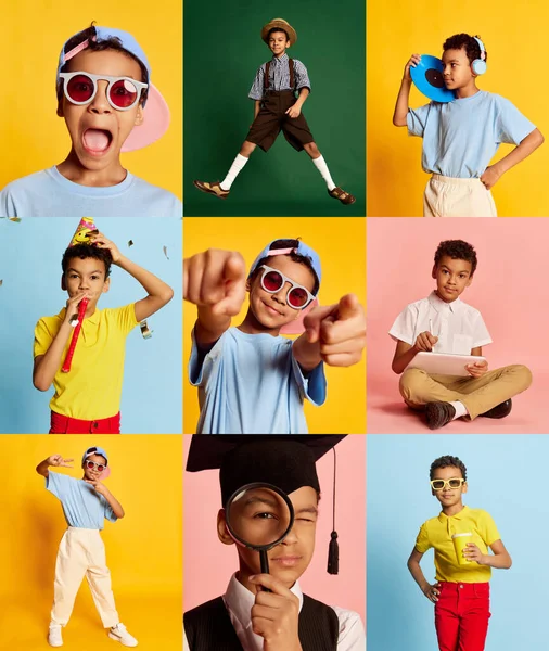 Collage Gemaakt Van Portretten Van Emotionele Kleine Afrikaanse Jongen Verschillende — Stockfoto