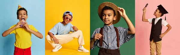 Collage Aus Porträts Von Emotionalen Kleinen Afrikanischen Jungen Verschiedenen Modischen — Stockfoto