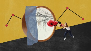Kızgın, motive olmuş bir kadın zor bir işle mücadele ediyor. Çağdaş sanat kolajı. İş, analitik, istatistik, mesleki büyüme, başarılar ve kariyer kavramı