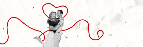 愛の抱擁と笑顔で幸せなカップル 人間の感情 心理学 精神衛生の概念 現代美術のコラージュ インスピレーション アイデア 創造性 ミニマルなデザインスタイル — ストック写真